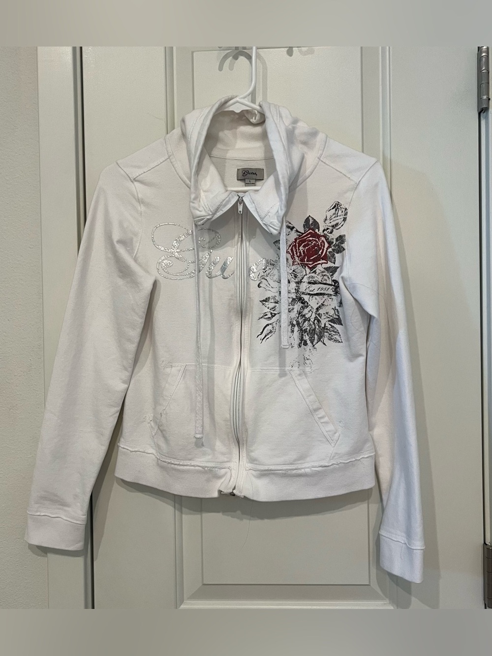 Guess Rhinestone Logo Zip Hoodie Sz Large White Fitted Jacket Y2K McBling grunge
